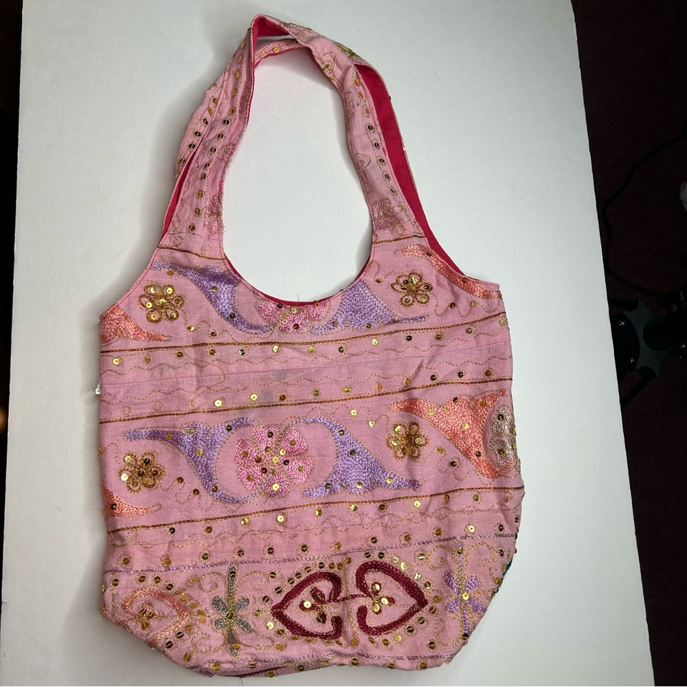 Vintage Handmade Sequined & Beaded Embroidered Boho Cotton Bag Cottagecore Artsy